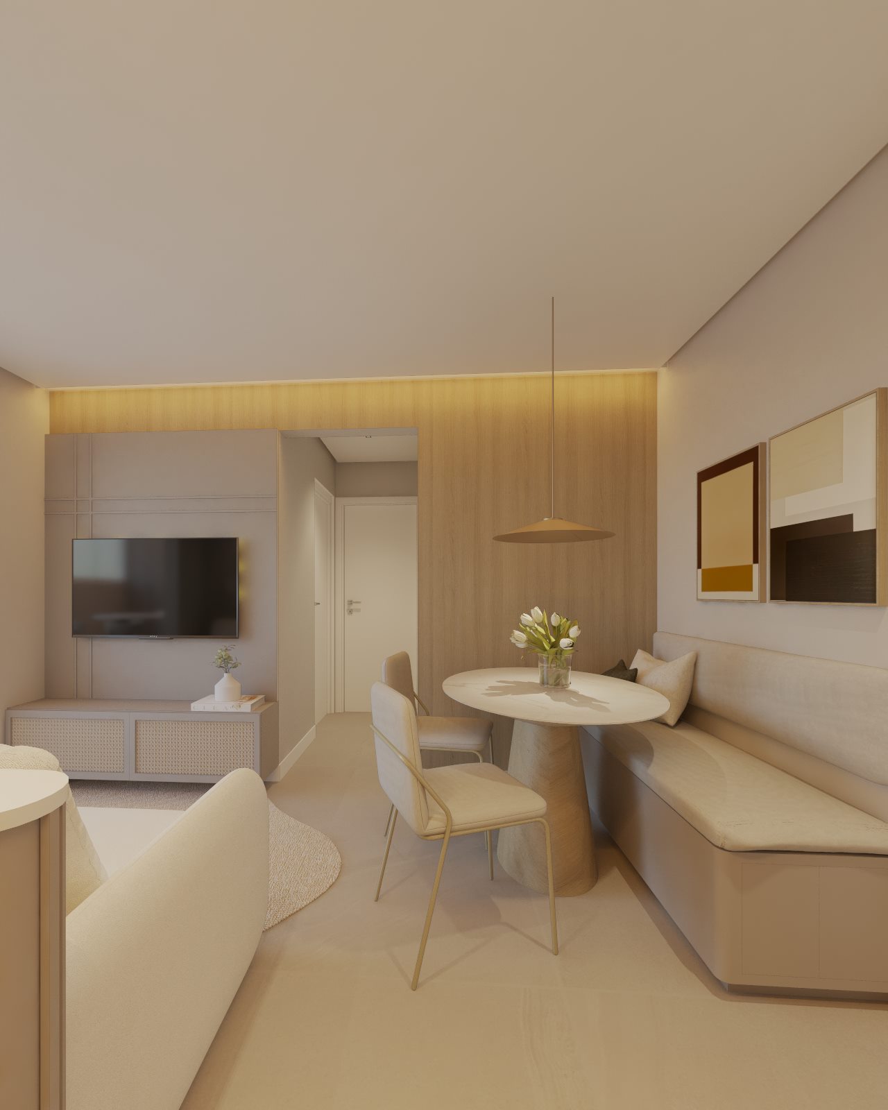 Sala de estar integrada à cozinha e à varanda, em tons de areia com painel ripado